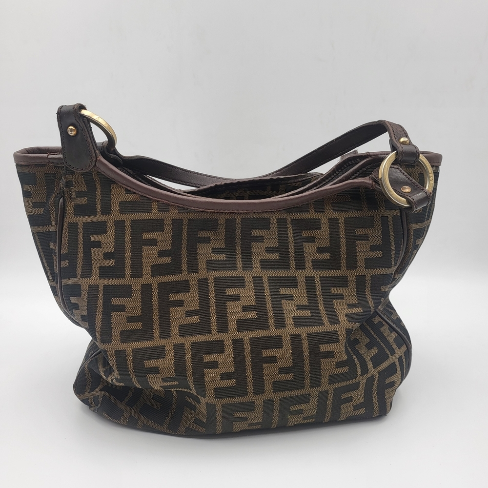 FENDI Shoulder Bag Brown Black Zucca Canvas Leather Authentic.. - Picture 3 of 16